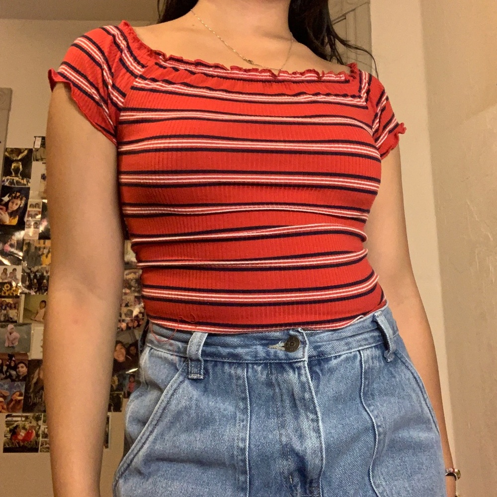 Off the shoulder, red and white striped, ruffled, crop top